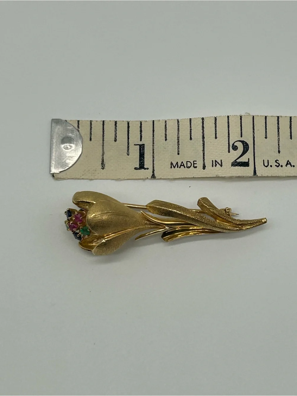 Vintage 1960s 18K Gold Gemstone Flower Brooch — with sapphires, rubies, emeralds